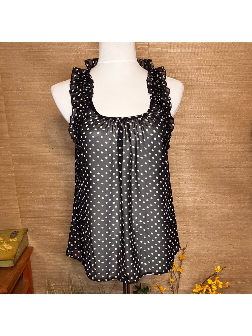 Soprano dark navy blue and White Polka Dot Ruffle Blouse